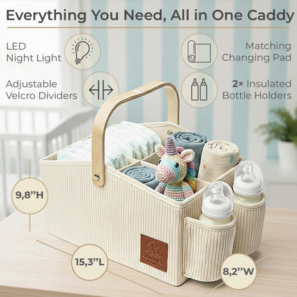 Diaper Caddy Organizer With Portable Changing Mat, LED Night Light, Wooden Handle & Shoulder Strap - Stylish Nursery
