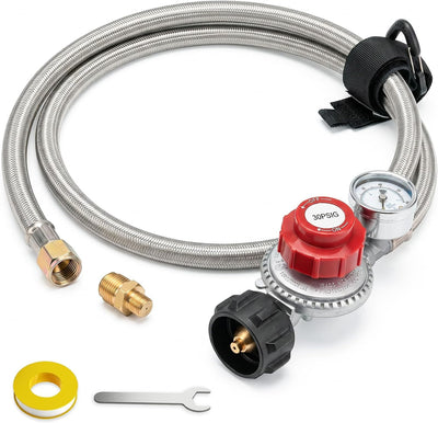 0-30 PSI Adjustable High Pressure Propane Regulator with Gauge, 5-Foot Stainless Braided Hose with 3/8 Flare x 1/8