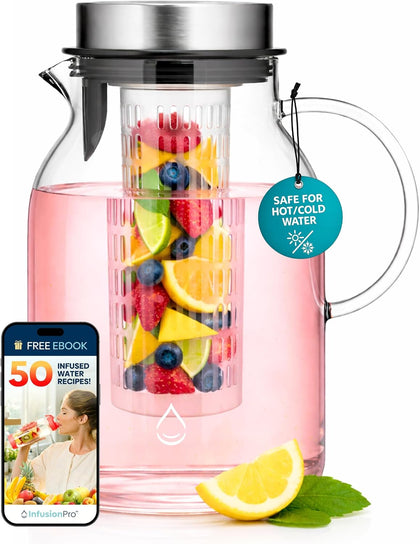 Glass Fruit Infuser Water Pitcher, Heat Resistant for Hot/Cold Use, Great Iced Tea Pitcher | Tranquil Collection, 2 Qt
