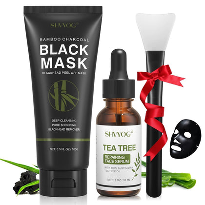 Blackhead Peel Off Face Mask, SHVYOG 3-in-1 Blackhead Remover Mask with Brush & Tea Tree Oil Serum, Charcoal Face
