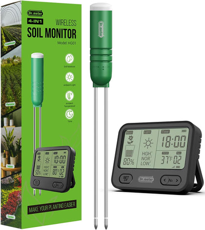 Temperature/Light/Time/Soil 4-in-1 Soil Moisture Meter | 300ft Wireless Soil Tester Sensor with Digital LCD Display