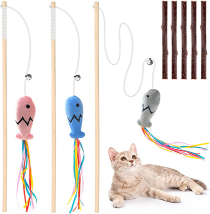 Natural Wood Cat Wand Toy with Ribbon Fish Teaser - 3pcs, 16 Inch, Indoor Cat Exerciser & Playing Kitten Toy, Bonus