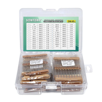 1000PCS Resistor Kit, 25 Values 1 Ohm-1M Ohm, 1/4W 5% Carbon Film