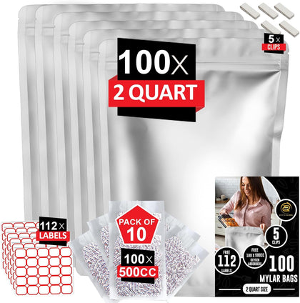 2 Quart Mylar Bags 100pcs with100 x 500cc Oxygen Absorbers-112 Labels | Stand-Up Reusable Airtight Resealable with 5
