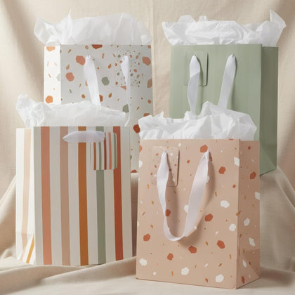 Beautiful Gift Bags Set of 4 - Medium Sized 9" Bags with Handles incl. Matching Tissue Paper, Cards & Small Stickers