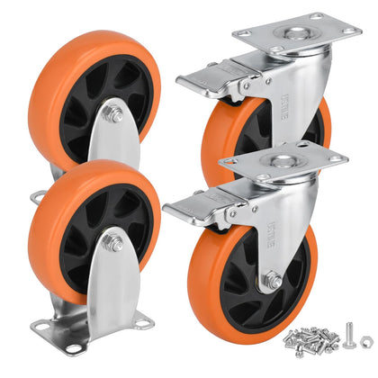 5 Inch Caster Wheels Set of 4 (2 Rigid, 2 Swivel with Brakes), 360 Degree Rotatable, Lockable Plate Caster Wheels