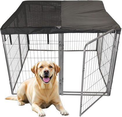 Dog Playpen w/Square Top Shade Cover - 40 inch, 8 Panel Portable Grey Metal Pet Play Pen for Medium & Large Dogs