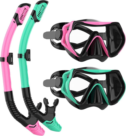 Snorkeling Gear for Adults, JRing Snorkel Mask Set with 180 Degree Tempered Glass Anti Fog Goggles Scuba Dry Top