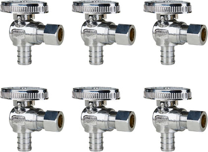 6-Pack Angle Stop Valve, 1/2" PEX x 3/8" OD Compression, 1/4 Turn | Brass, 1/2 inch PEX Shut Off Valves, Chrome Plated