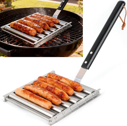 Hot Dog Roller for Grill, BBQ Sausage Roller with Extra Long Wood Handle, Hotdog Roller Grills Evenly with No