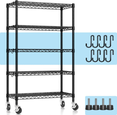 Wire Shelving, 1900lbs Capacity 5 Tier Heavy Duty NSF Wire Shelf with Rolling Wheels Black Metal Storage Shelves