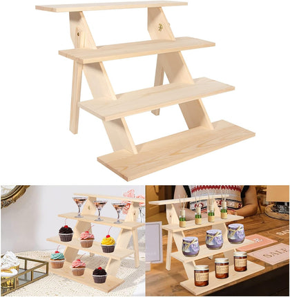 4 Tier Wood Cupcake Display Stand, Retail Cookie Display Riser,Nature | Tool-Free Rustic Tiered Table Stand for