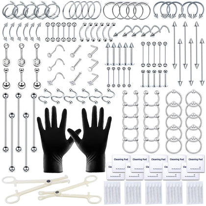 153Pcs Piercing Kit: 12G, 14G, 16G, 20G Needles & 316L Stainless Steel Jewelry for Nose, Belly, Lip, Ear & More
