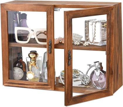 Wood Glass Display Case with Double Doors, 2-Level Shelf, Brown | Brown wood-and-glass case with double doors and