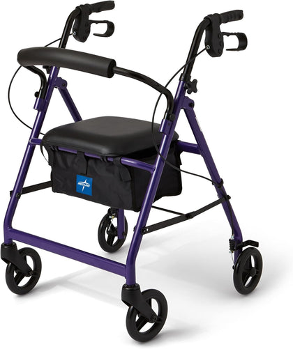 Aluminum Rollator Walker with Seat, Purple, 250 lb. Weight Capacity, Lightweight, 6” Wheels, Foldable, Adjustable