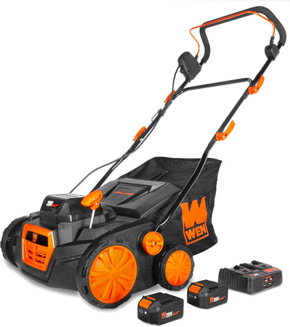 20V Max Cordless 15-Inch 2-in-1 Brushless Electric Dethatcher and Scarifier with Collection Bag, Two 4.0 Ah