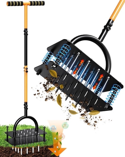 Lawn Aerator Tool - 16 Iron Spikes with Ergonomic T-Handle, Automatic Dirt Clean for Soil Loosening & Yard Aeration