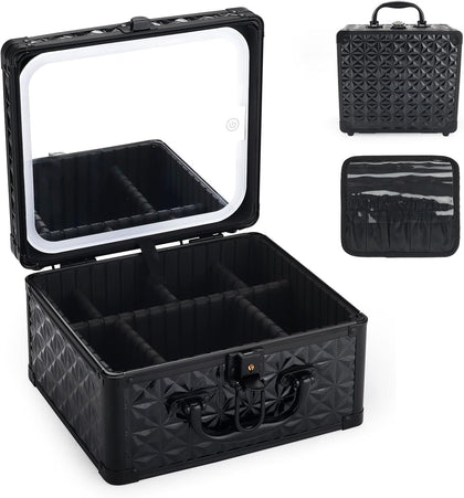 Makeup Case with LED Mirror, Portable Lockable Vanity Case, Travel Makeup Train Box for Women, Cosmetic Organizer