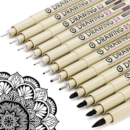 Muchcute Micro Fineliner Drawing Art Pens: 12 Black Fine Line Waterproof Ink Set Artist Supplies Archival Inking