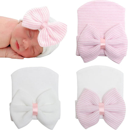 BQUBO Newborn Hospital Hat with Bow Cotton Infant Baby Cap Soft Cute Nursery Beanie Hat for Baby Girl Boy 0-3 Months