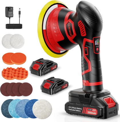 Cordless Car Buffer Polisher, 6-Speed Orbital (5500RPM) DA Polisher with 2x 21V 2000mAh Batteries, 6 Inch Lightweight