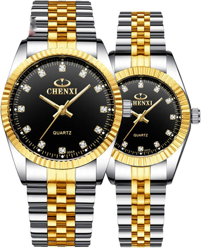Luxury Business Rhinestone Lovers Quartz Women & Men Analog Stainless Steel Dress Couple Waterproof Watch (Silver