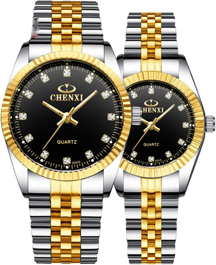 Luxury Business Rhinestone Lovers Quartz Women & Men Analog Stainless Steel Dress Couple Waterproof Watch (Silver