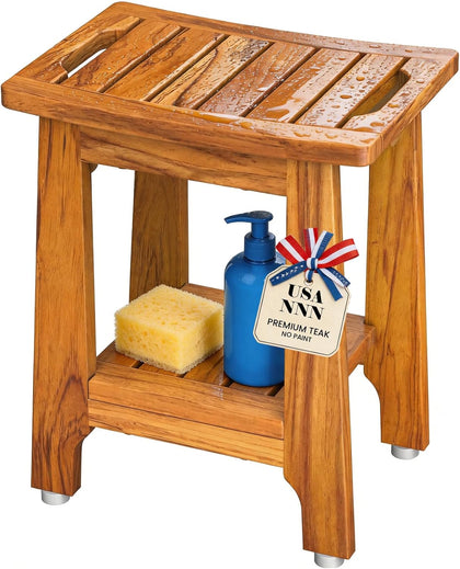14" Compact Teak Shower Stool with Shelf & Handle - Waterproof, Non-Slip Bath Bench for Small Bathrooms/Tub/Outdoor