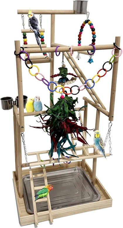 4-Tier Large Wooden Bird Playground with Trays Cups Ladder - Parrot Playstand, Birds Play Stand, Wood Perch Gym for
