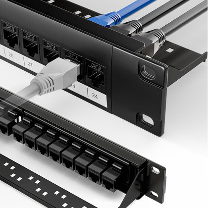 19 Inch 24 Port Patch Panel with 25 Pack CAT6 Keystone Couplers | with Detachable Cable Management Bar, 1U Ethernet