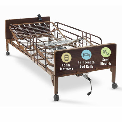 Semi Electric Hospital Bed with Premium Foam Mattress and Full Rails - for Home Care Use and Medical Facilities