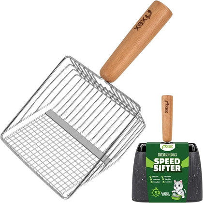 Cat Litter Scoop with Holder, Heavy Duty Litter Sifter, Stainless Steel Litter Shovel, Litter Scooper with Beech Wood