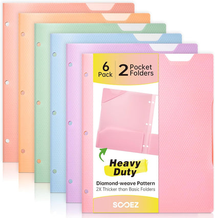 6 Pack Plastic Folders with Pockets, Heavy Duty, Fits 3-Ring Binder | Pockets Folder for 3 Ring Binder with Writable