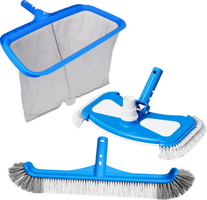 3-in-1 TidyMister Pool Cleaning Kit – Deep Grabber Pool Net, 17.5" Scrub Brush,Weighted Vacuum Head for Leaves, Algae
