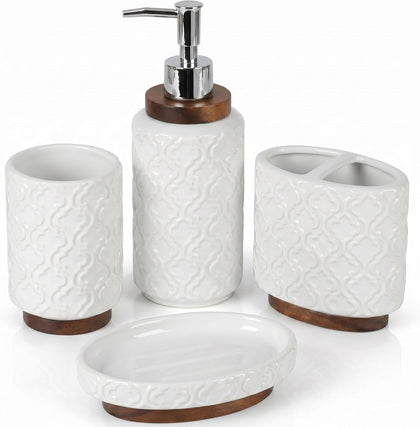 Ceramic 4-Piece Bathroom Accessory Set,White | Ceramic Bathroom Set 4-Piece Countertop Essentials Embossed Textured