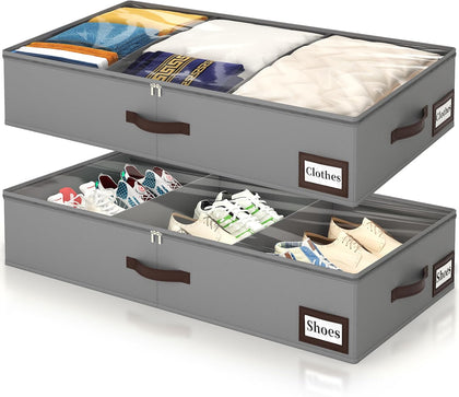 2 Pack 53L Under Bed Storage with Adjustable Dividers, 6" Low Profile Underbed Storage Bins for Comforters & Clothes