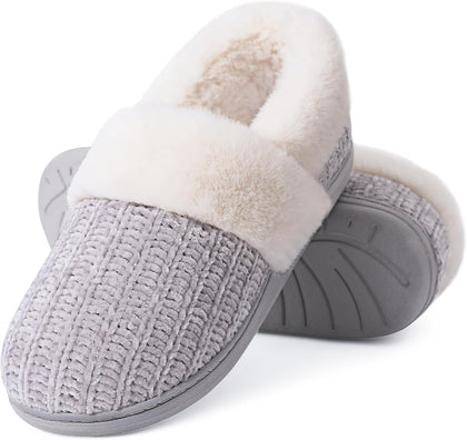 Fuzzy Memory Foam Slippers for Women Closed Back Knit House Shoes | Soft Faux Lamb Wool Lining, Non-Slip Rubber Sole