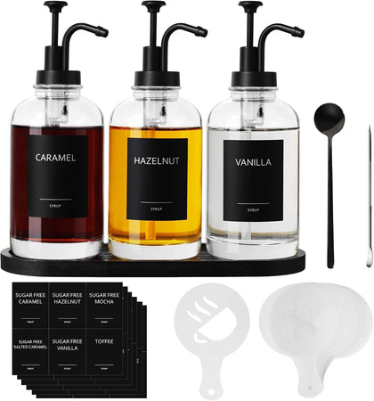 Coffee Syrup Dispenser, 16.9 fl oz Syrup Dispenser with Pump, Glass Coffee Bar Accessories for Coffee Bar, Syrup