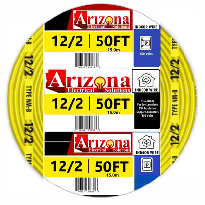 ARIZONA ELECTRICAL SOLUTIONS 12/2 NM-B Wire 50 FT, 12 AWG Solid Copper Electrical Wire, 2 Conductor with Ground, 600V 20 Amp Indoor House Wiring Cable, Yellow Nonmetallic Sheathed Jacket