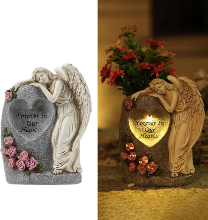 Solar Cemetery Vases for Grave, Resin Angel Headstones Vases with Spikes for Fresh Artificial Flowers, Grave Markers