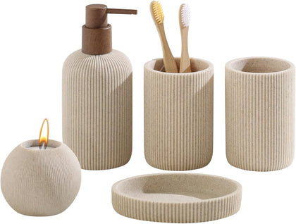 Bathroom Accessories Set, 5 PCS Modern Bath Organizer, Beige | Sandstone Look, Stripe,13.53 OZ Soap