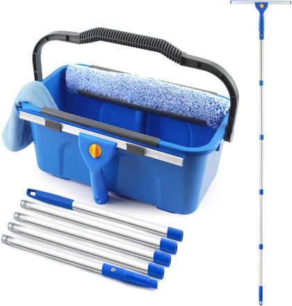 Professional Window Cleaning Kit with Bucket 3 Gallon, 76" Long Handle Window Squeegee and Microfiber Scrubber, High