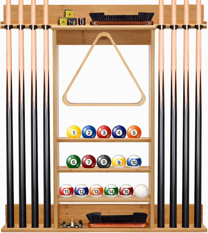 Pool Cue Rack Wall Mount,Cue Stick Holder,Wall Pool Stick Holder,Bamboo | Holds 8 Cues and Full Set of Balls, Pool