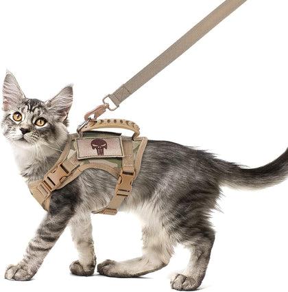 Tactical Cat Harness and Leash Set for Walking Escape Proof, Adjustable Large Cat Vest Harness with Molle Patches