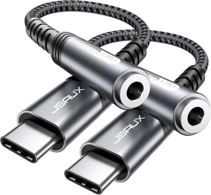 2-Pack USB C to 3.5mm AUX Audio Adapter for iPhone 17, Galaxy S25 | 2-Pack Smart DAC gives clear 16Bit/48kHz audio;