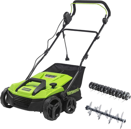 Greenworks 13 Amp 14-Inch Corded Dethatcher / Scarifier, 2-in-1 Electric Lawn Rake with 3-Position Depth Adjustment &