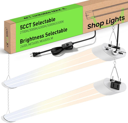 ALUSSO LED Shop Lights 4FT for Garage, 4800LM Adjustable 20W/30W/40W, 5CCT 2700K 3000K 4000K 5000K 6500K, 120V, Warm to Cool Daylight Linkable Shop Lights for Workshop, ETL, 2 Pack