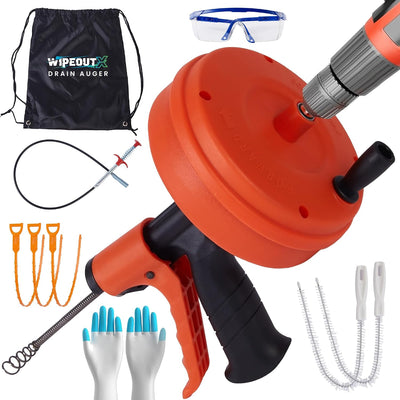 Drain Auger 50 Ft with Drill Attachment, Drain Snake Clog Remover Kit | Includes Gloves, Glasses, Brushes, Plastic