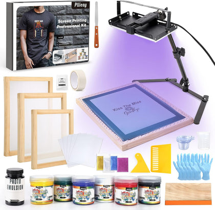 60pcs Screen Printing Kit with LED UV Exposure Lamp, 6 Colors Screen Printing Ink, 3 Size Wood Silk Screen Printing