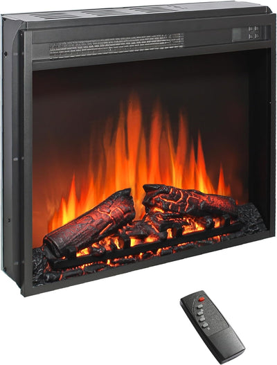 23" Electric Fireplace Insert, Fireplace Heater with Remote, Adjustable 4 Flame Brightness, Log Set, Low Noise, 8H